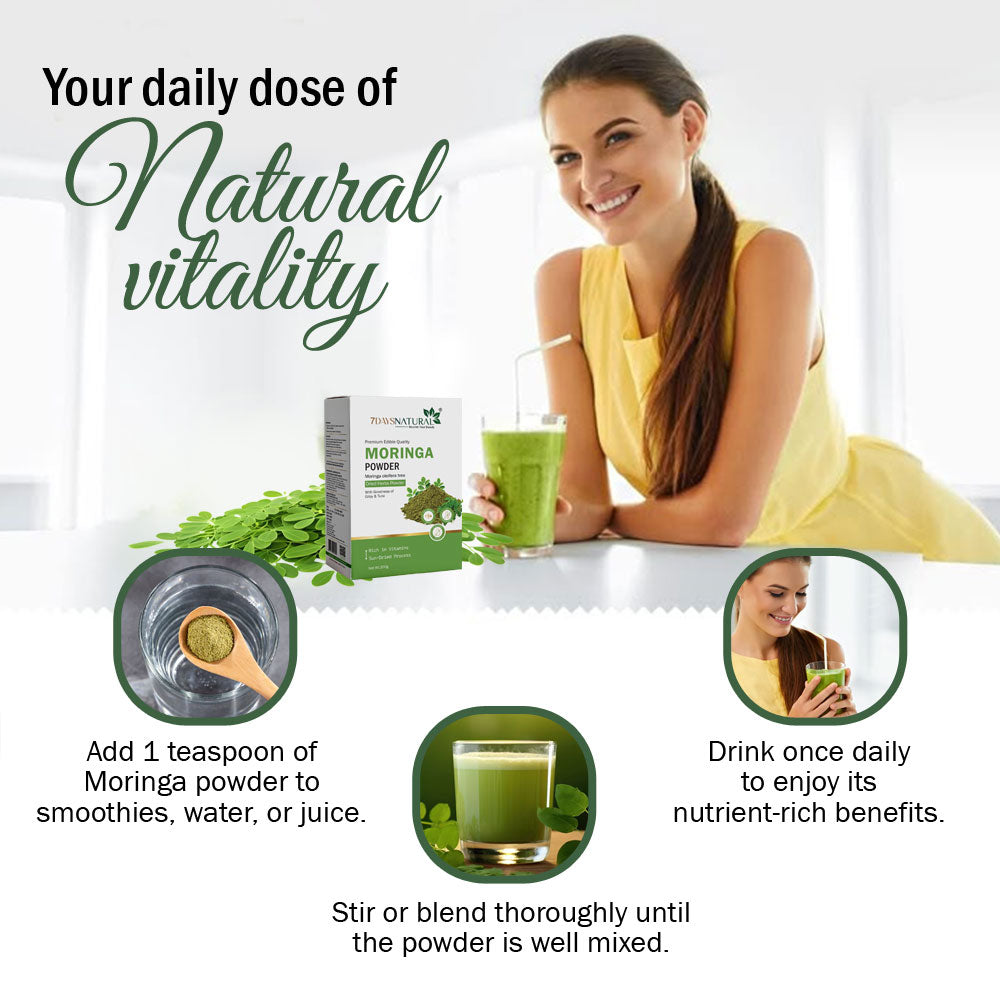 7Days Natural Moringa Powder | Premium Edible Quality | Sun-Dried | With Giloy & Tulsi | 200g