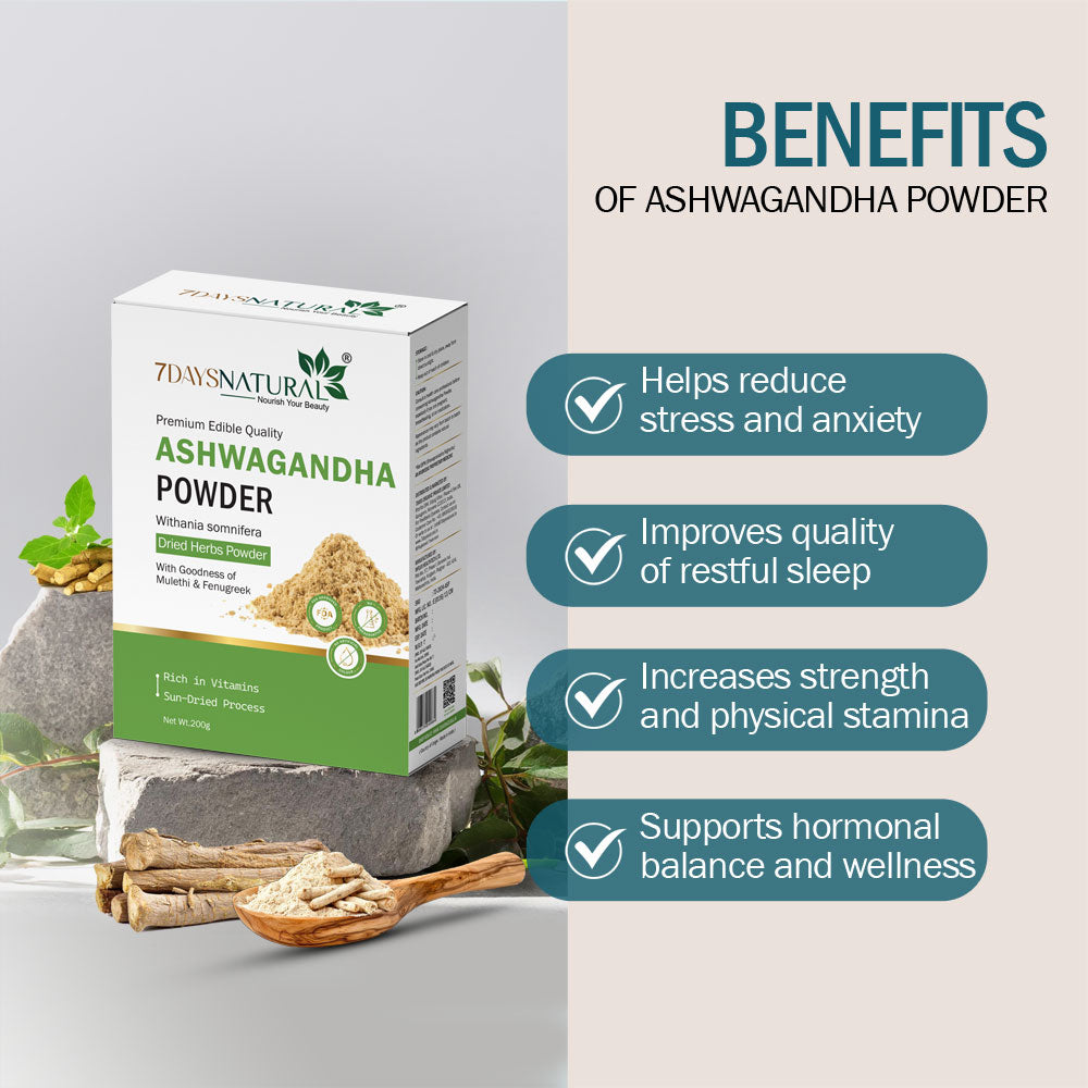 7Days Natural Ashwagandha Powder | Premium Edible Quality | With Mulethi & Fenugreek | Sun-Dried | 200g
