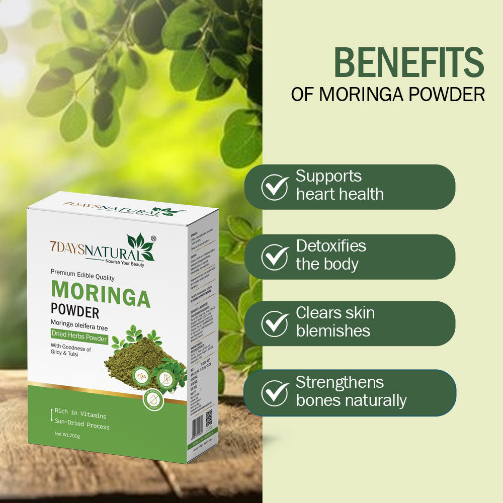 7Days Natural Moringa Powder | Premium Edible Quality | Sun-Dried | With Giloy & Tulsi | 200g