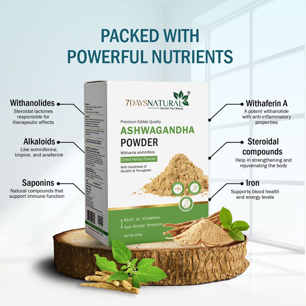 7Days Natural Ashwagandha Powder | Premium Edible Quality | With Mulethi & Fenugreek | Sun-Dried | 200g