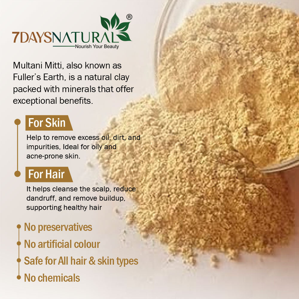 7Days Natural Multani Mitti (Fuller’s Earth) Powder with Rose Petal & Aloe Vera for Glowing & Clarified Skin(200 Gm)