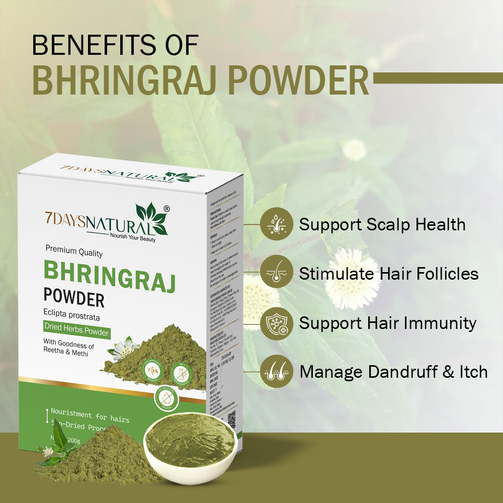 7Days Natural Pure Bhringraj Powder – Ayurvedic Bhringraj Powder(Eclipta Alba) for Hair Growth | Scalp Detox & Skin Rejuvenation(200 Gm)