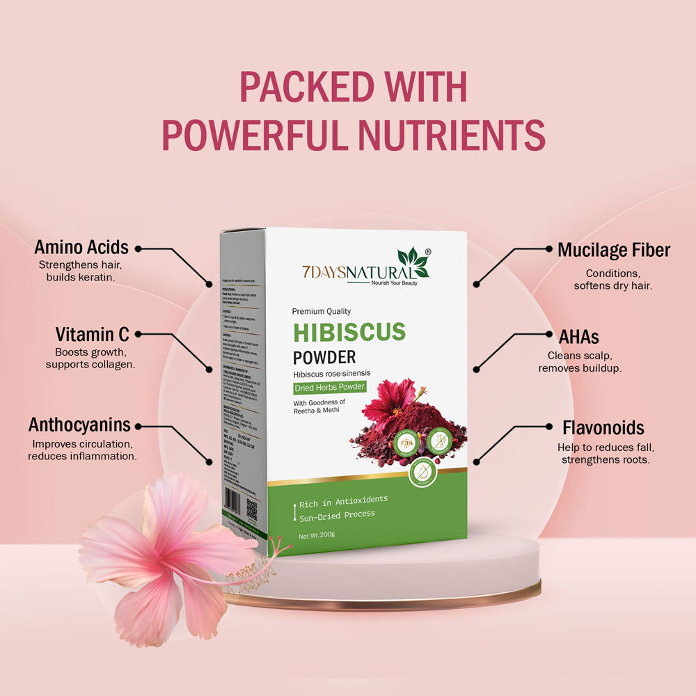 7 DAYS Hibiscus Flower Powder for Face Pack & Hair Mask | Pure & Natural Hibiscus Rosa Sinensis Powder For Skin & Hair Care - 200g