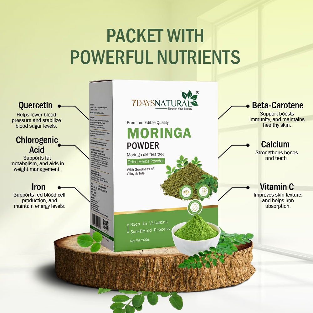 7Days Natural Moringa Powder | Premium Edible Quality | Sun-Dried | With Giloy & Tulsi | 200g