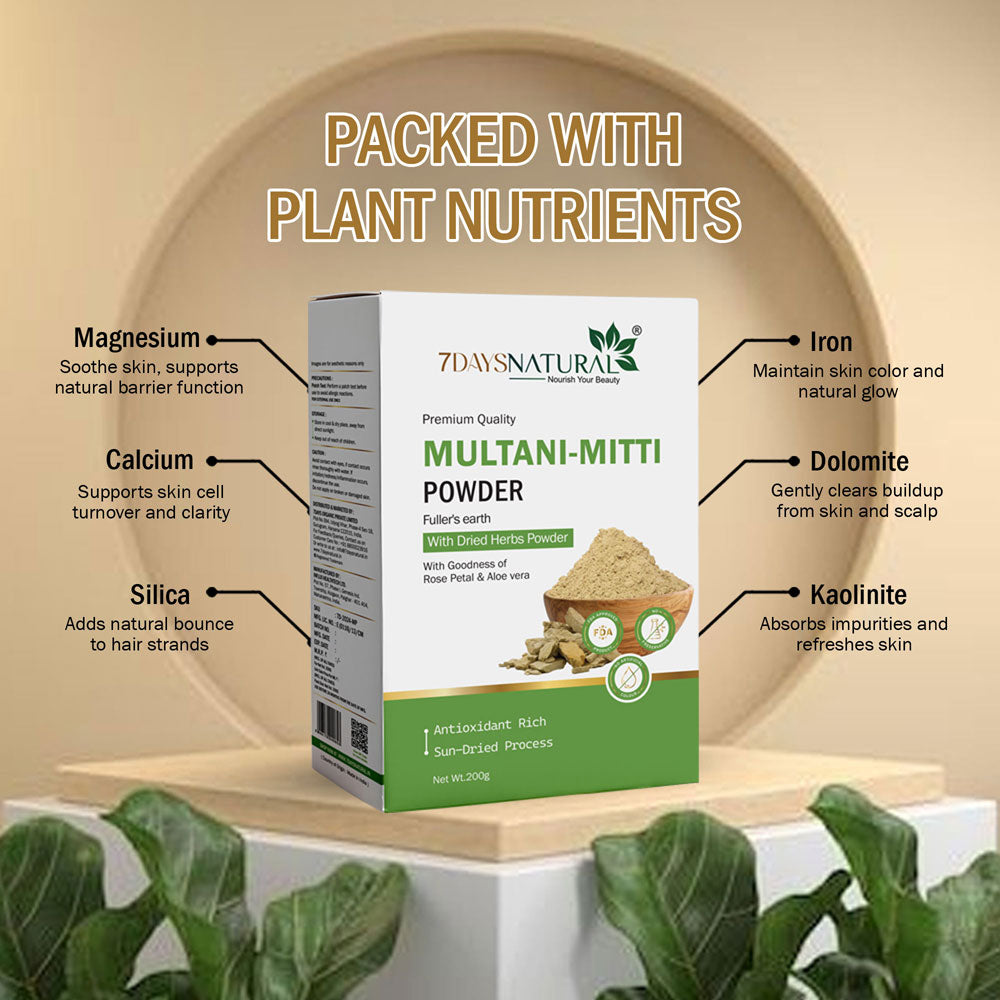 7Days Natural Multani Mitti (Fuller’s Earth) Powder with Rose Petal & Aloe Vera for Glowing & Clarified Skin(200 Gm)
